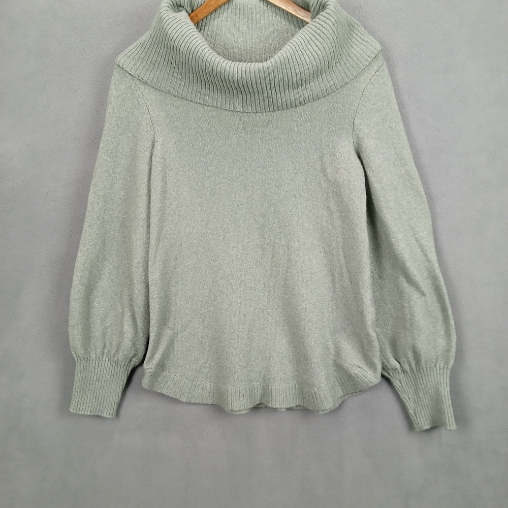 Tahari Sweater Womens Medium Green Stretch Tight Knit Ribbed Cowl Neck Round Hem